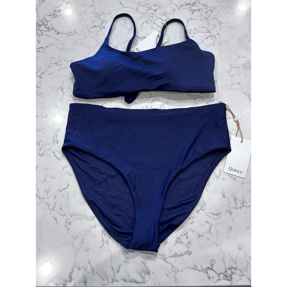NWT Quince Deep Navy Italian Scoop Neck Bikini Top & High Rise Bottom Set XL